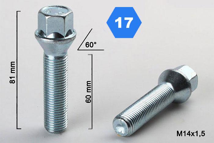 M14x1,5, Verlengde wielbout conisch, Draadlengte 60mm, SW 17